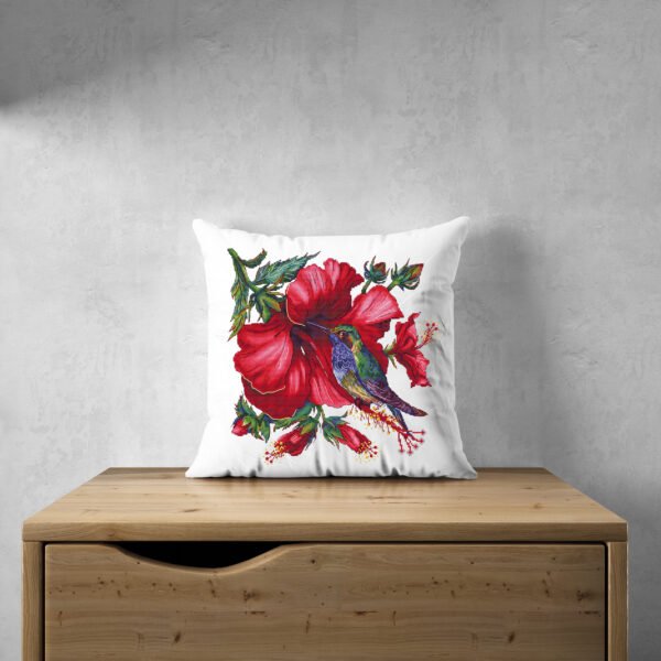1954 Floral hibiscus and bird cross stitch design mockup on pillow case