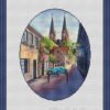 Framed Neuruppin Germany cross stitch pattern with European cityscape and blue car