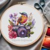 floral camera cross stitch embroidery in a hoop