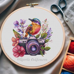 floral camera cross stitch embroidery in a hoop
