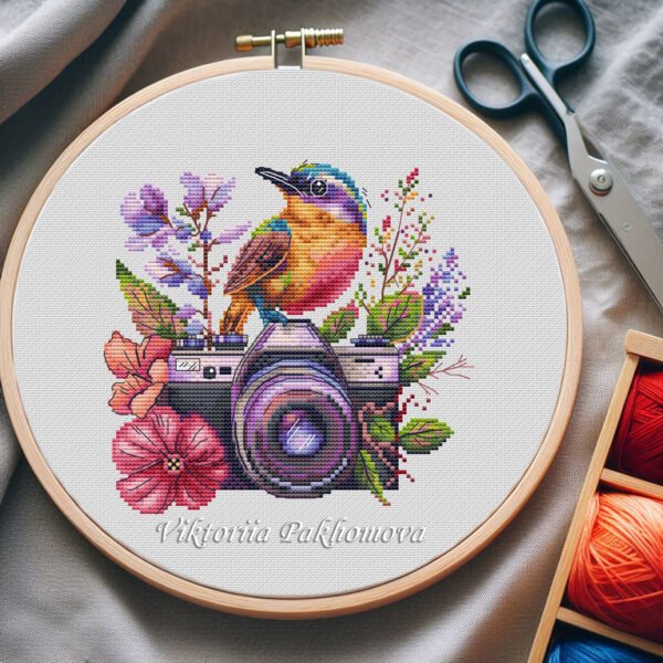 floral camera cross stitch embroidery in a hoop