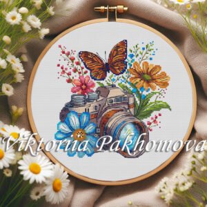 vintage camera cross stitch pattern with flowers and butterfly