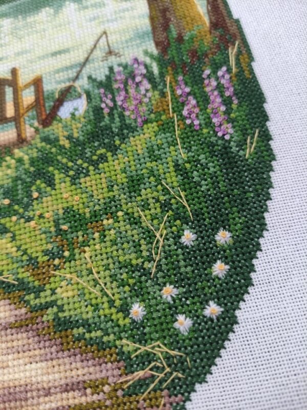 224298804_996642697752407_9020432801567807170_n Close‑up of forest and lake cross stitch with bench, flowers, and summer greenery ALT 3 — chart preview: Summertime lake landscape cross stitch chart PDF with symbols and DMC color key Хочеш, я одразу підготую Pinterest‑описи для двох твоїх дошок — Cross Stitch Pattern і Travel Cross Stitch?
