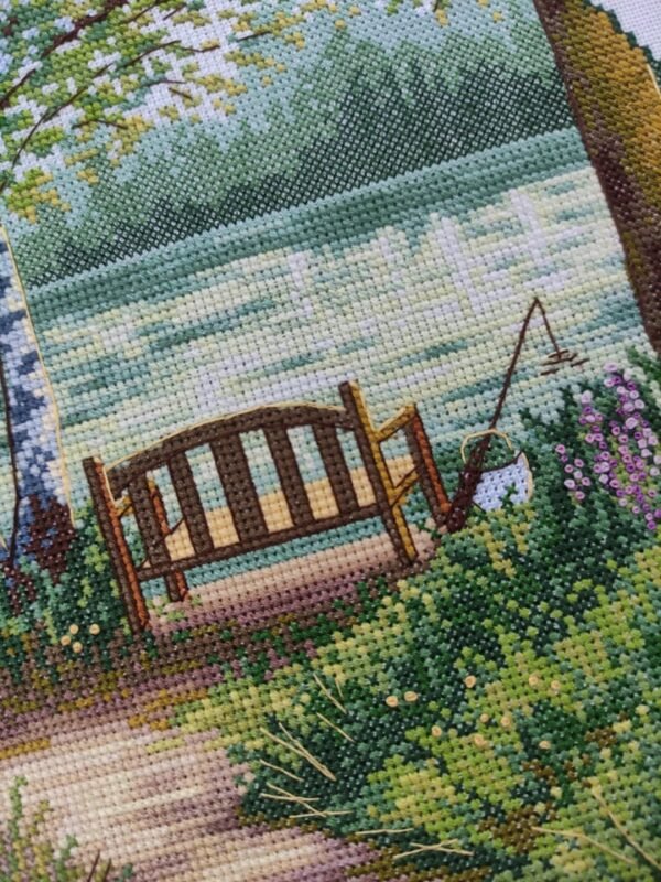 225096852_1523795771284818_6331407645281956747_n Close‑up of forest and lake cross stitch with bench, flowers, and summer greenery ALT 3 — chart preview: Summertime lake landscape cross stitch chart PDF with symbols and DMC color key Хочеш, я одразу підготую Pinterest‑описи для двох твоїх дошок — Cross Stitch Pattern і Travel Cross Stitch?