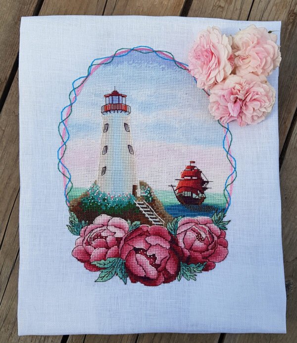 Summer lighthouse cross stitch artwork with peonies and seaside landscape finished embroidery