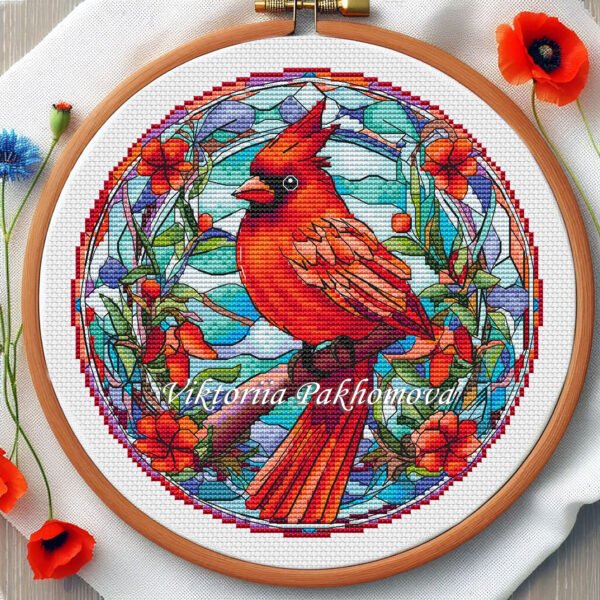 Cardinal stained glass cross stitch pattern