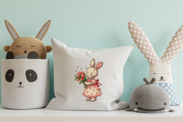 Spring bunny girl cross stitch design displayed on decorative pillow for nursery décor