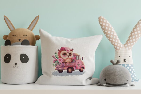 Baby Owl Cross Stitch Pattern – Whimsical Bird on Pink Truck, Cute Nursery Embroidery Design, PDF Download