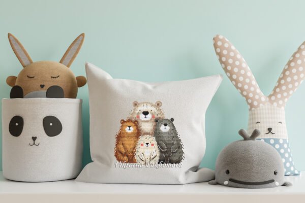 cute bears family cross stitch design on pillow case