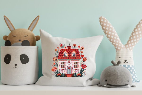 Finished embroidery a floral folk art spring house with Scandinavian motifs and blooming flowers on a pillow case