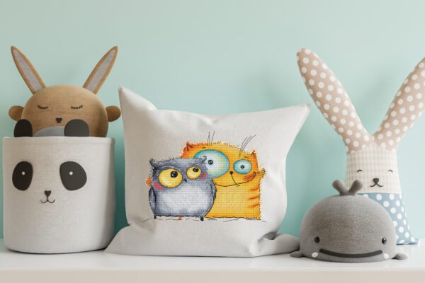 Funny Cat and Owl Cross Stitch Pattern  Whimsical Bird & Feline Nursery Decor (Digital Download PDF)