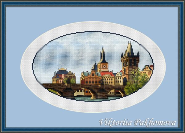 280395242_5054870234627028_2276107712402535922_n Framed Prague city cross stitch artwork with Charles Bridge and historic towers, European architecture embroidery