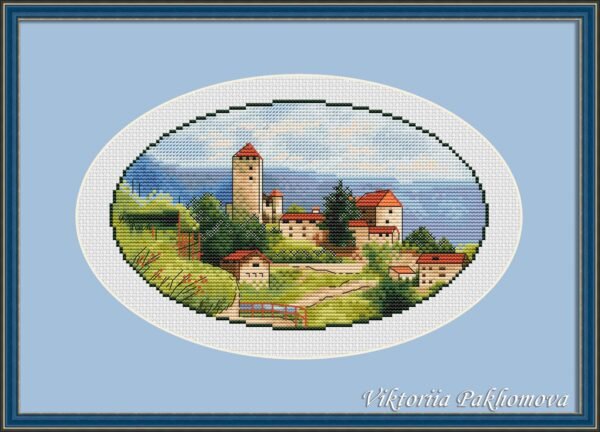 280610464_5054867601293958_2867953524172541009_n Framed Tuscany countryside cross stitch artwork with hills and Italian houses, warm summer embroidery