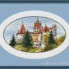 280954283_5054868397960545_1085235161076798071_n Framed Dracula Castle cross stitch artwork with European towers and forest landscape