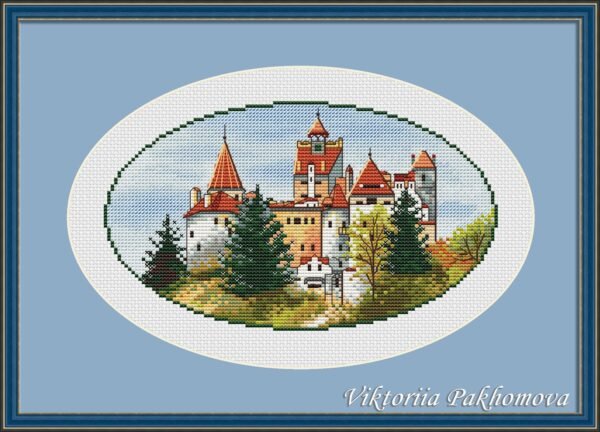 280954283_5054868397960545_1085235161076798071_n Framed Dracula Castle cross stitch artwork with European towers and forest landscape