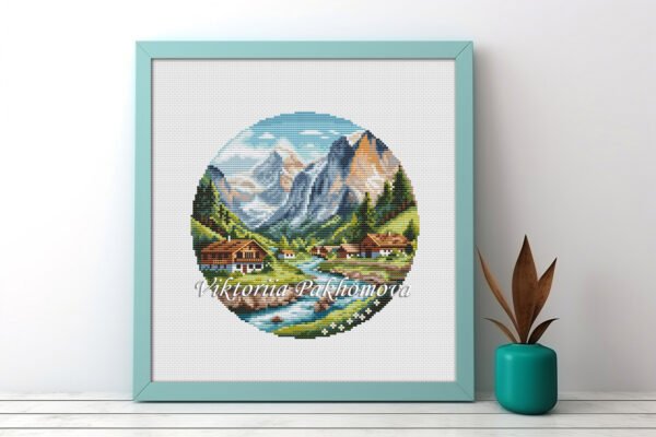 Switzerland Alps village cross stitch Framed