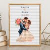 Framed wedding couple cross stitch pattern with personalized names and date, elegant romantic keepsake embroidery design