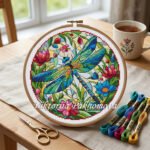 Hand-drawn stained glass dragonfly cross stitch pattern in a wooden embroidery hoop on a linen background, surrounded by colorful embroidery floss and vintage scissors, quiet luxury embroidery style