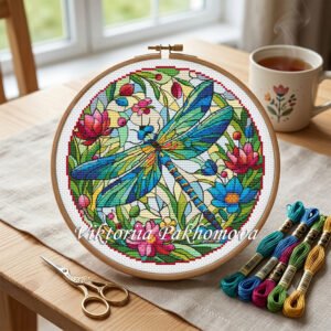 Hand-drawn stained glass dragonfly cross stitch pattern in a wooden embroidery hoop on a linen background, surrounded by colorful embroidery floss and vintage scissors, quiet luxury embroidery style