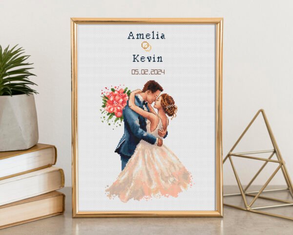 Framed wedding couple cross stitch pattern with personalized names and date, elegant romantic keepsake embroidery design