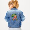 Denim jacket with colorful watermelon owl embroidery design, whimsical summer bird illustration