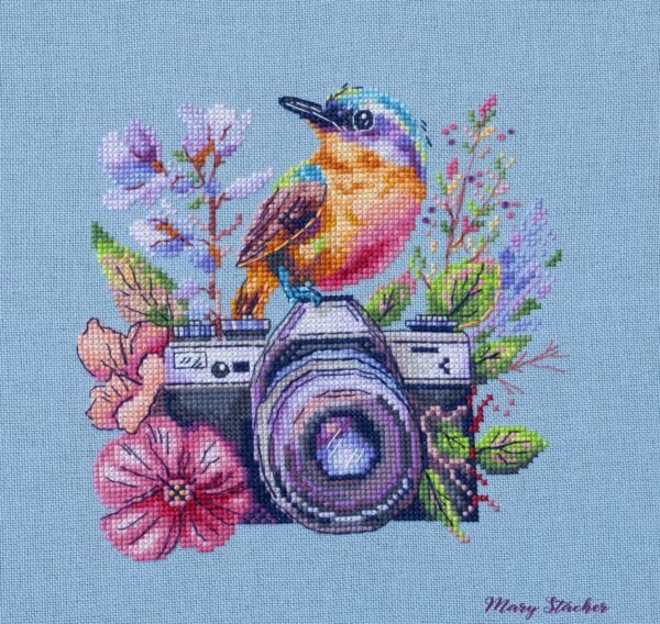 Floral Camera Cross Stitch Pattern PDF – Hummingbird Embroidery, Colorful Nature Needlepoint Chart, Instant Download