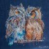 Two owls cross stitch artwork on dark background, detailed romantic bird couple embroidery