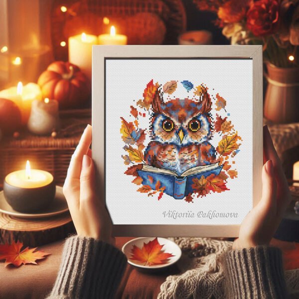 Whimsical Autumn Owl Cross Stitch Pattern  Bird and Colorful Fall Leaves Embroidery (PDF Download)
