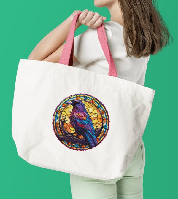 Raven stained glass cross stitch pattern tote bag mockup