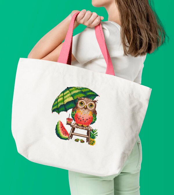 Tote bag with watermelon owl cross stitch design featuring umbrella, pineapple and summer drink