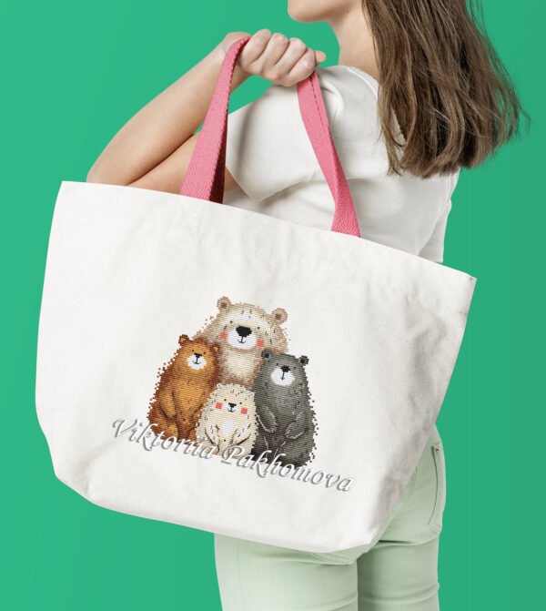 cute bears family cross stitch design on tote bag