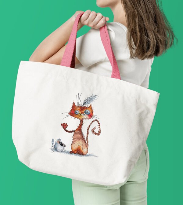 Ginger cat and mouse cross stitch design on tote bag mock up