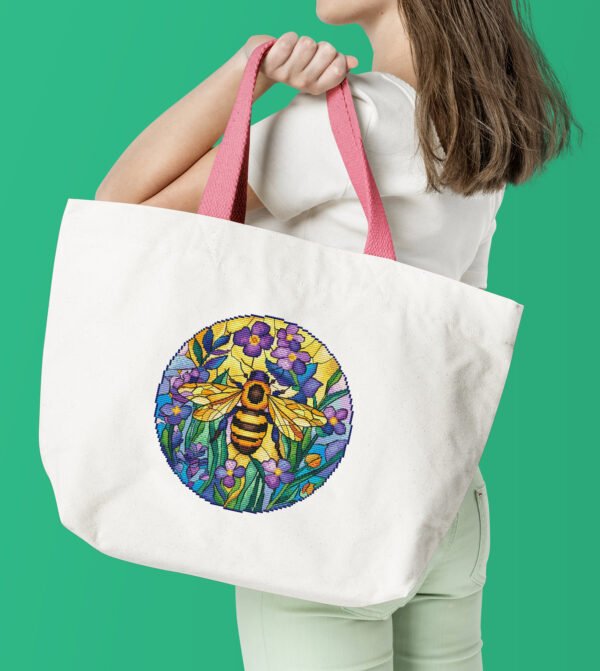 Bee stained glass cross stitch design stitched on tote bag