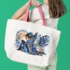 Elf girl and barn own cross stitch design stitched on tote bag