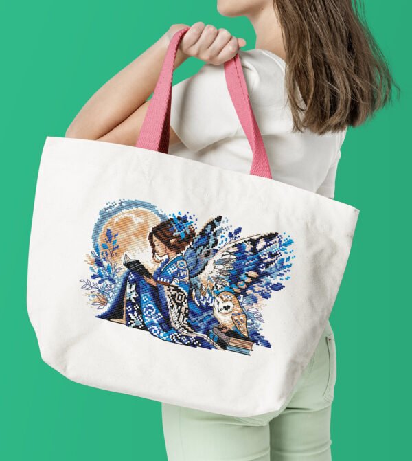 Elf girl and barn own cross stitch design stitched on tote bag