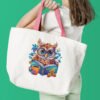 Tote bag with whimsical owl cross stitch design featuring a book, tea cup and bright foliage, artistic owl illustration