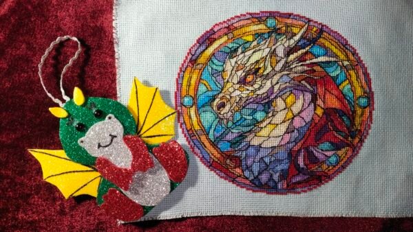 Stained glass dragon cross stitch pattern finished embroidery