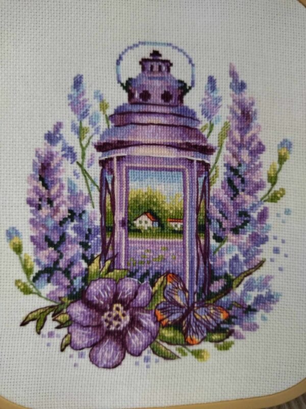 lavender lantern cross stitch embroidery finished