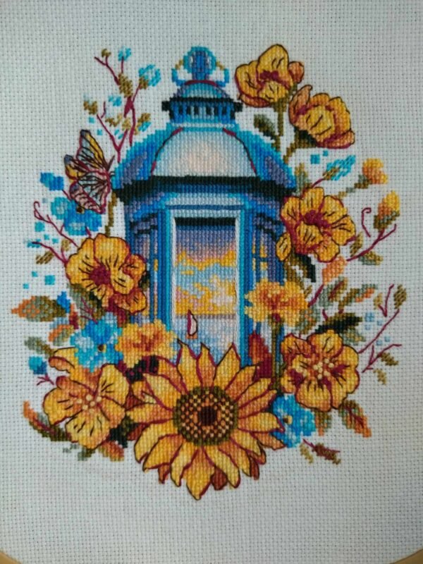 Lantern Cross Stitch Pattern PDF – Blue and Yellow Floral Embroidery, Colorful Needlepoint Chart, Instant Download