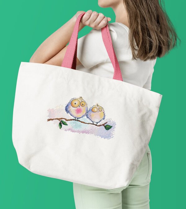 Little owls cross stitch design stitched on tote bag