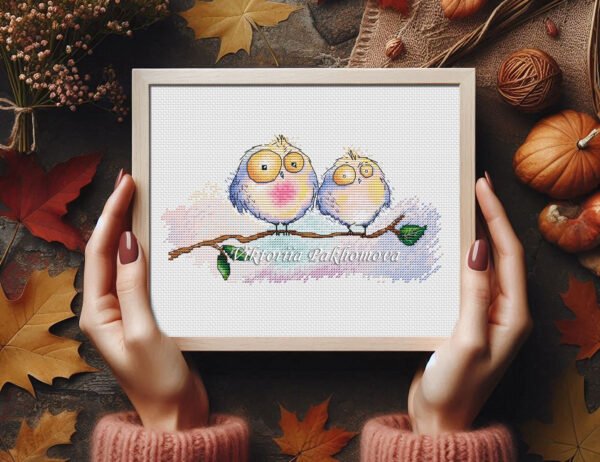Little owls cross stitch design stitched framed