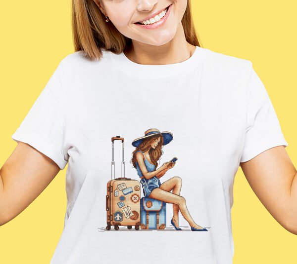 Travel girl embroidered on T-shirt— cross stitch design preview