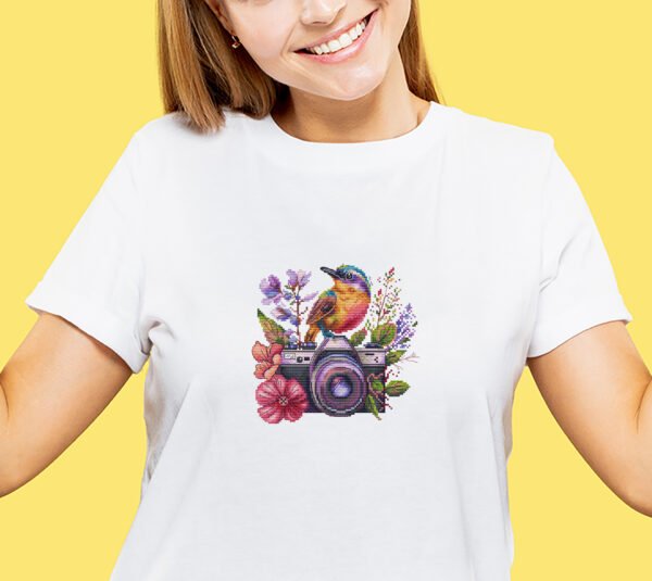 floral camera cross stitch pattern with hummingbird and flowers on t-shirt