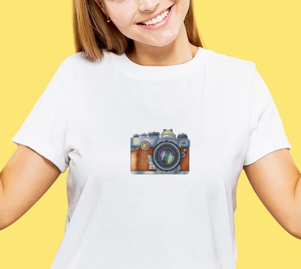 vintage camera cross stitch embroidery on t-shirt