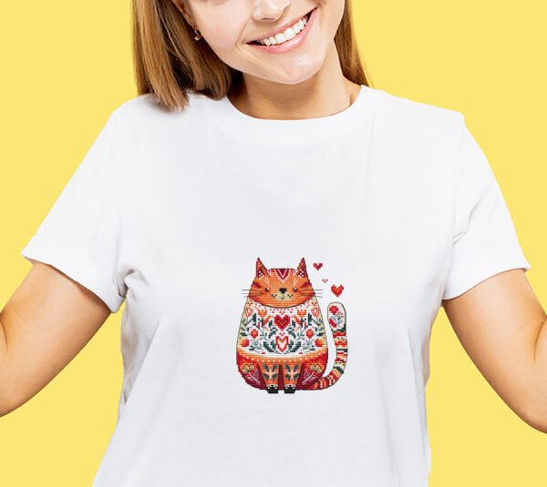 Caucasian young woman's half-length portrait on yellow background Romantic cat cross stitch design displayed on t-shirt