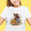 Girl with sunflower cross stitch design stitched on T-shirt