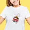 Peony and bee cross stitch design stitched on T-shirt