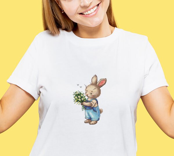 Spring bunny boy cross stitch design stitched on T-shirt