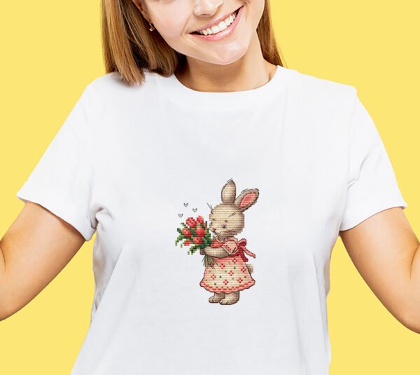 Spring bunny girl cross stitch design stitched on T-shirt