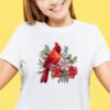 Caucasian young woman's half-length portrait on yellow background Floral cardinal cross stitch design stitched on T-shirt